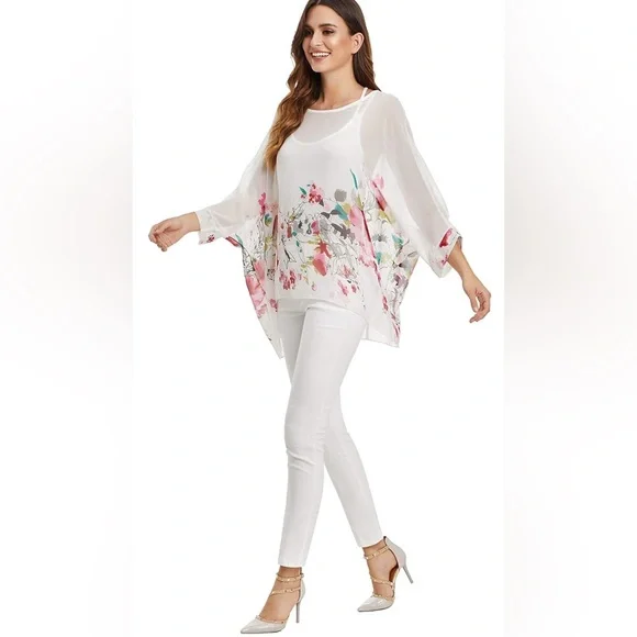 Women's Half Sleeve Blouse Dolman Chiffon Tops Oversized - Picture 3 of 9